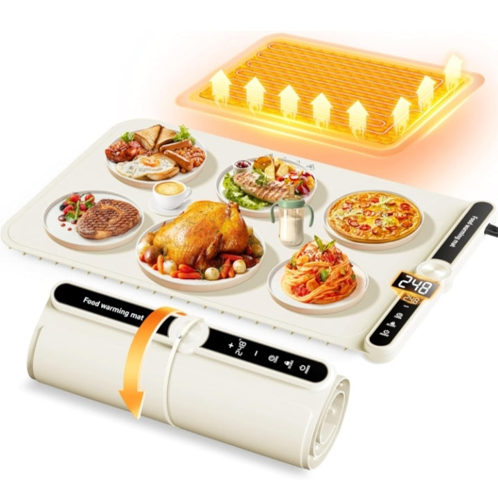 Food Warming Mat Electric Warming Tray 6 Gear Timed 9 Gear Temperature Controlled 18H Auto Power Off Full Surface Rapid Heating Ideal for Buffets Party Gatherings Warming Mat For Food (Beige)